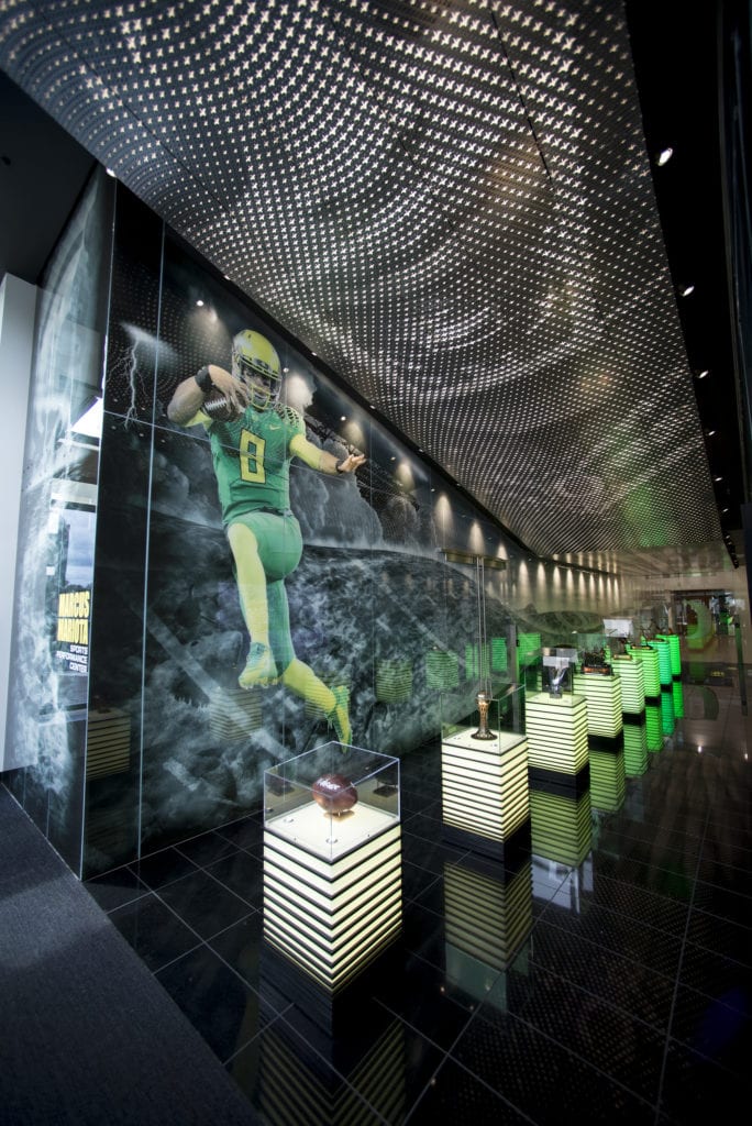 UltraVue laminated Glass trophy cases at Marcus Mariota Sports Performance Center