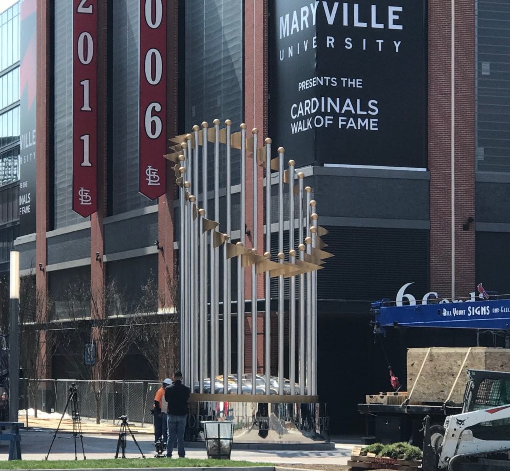 Construction of the giant St. Louis Cardinals MLB trophy