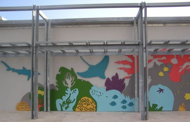 exterior waterjet sculpture at museum